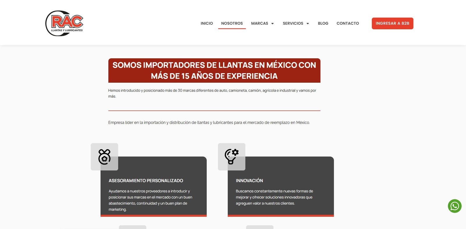 Captura de la sección de servicios de RAC Llantas